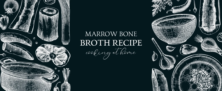Healthy food background. Marrow bone broth banner. Hot soup on plates, pans, bowls, organ meat, vegetables, marrow bones sketches. Hand drawn vector illustrations. Homemade food on chalkboard